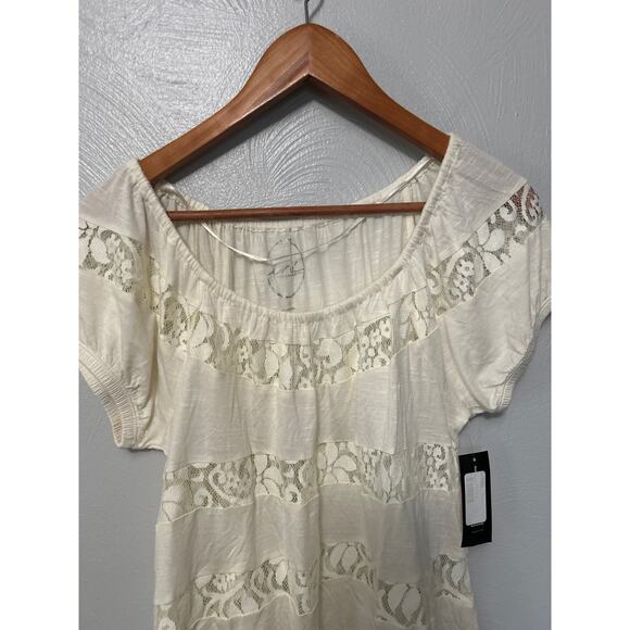 INC Ivory Cream Short Sleeve Sheer Lace Round Neck Elastic Hem Blouse Size Small - Picture 2 of 11